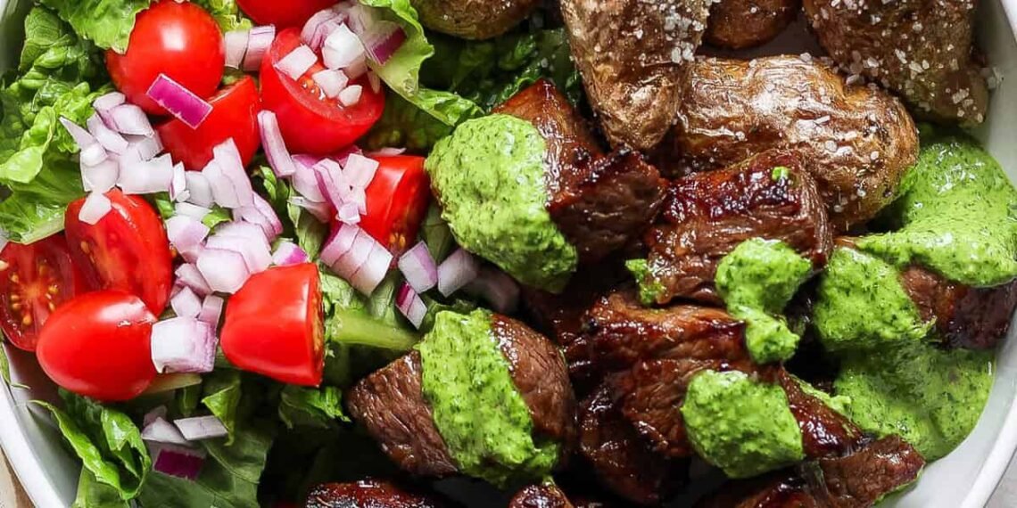 Crispy Air Fryer Steak Bites with Dreamy Green Sauce